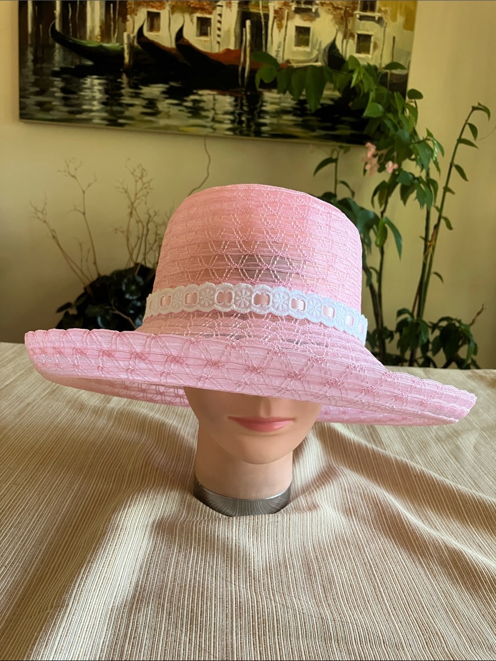 Classic Pink Wide-Brim Hat with White and Light Pink Lace Decorative Band